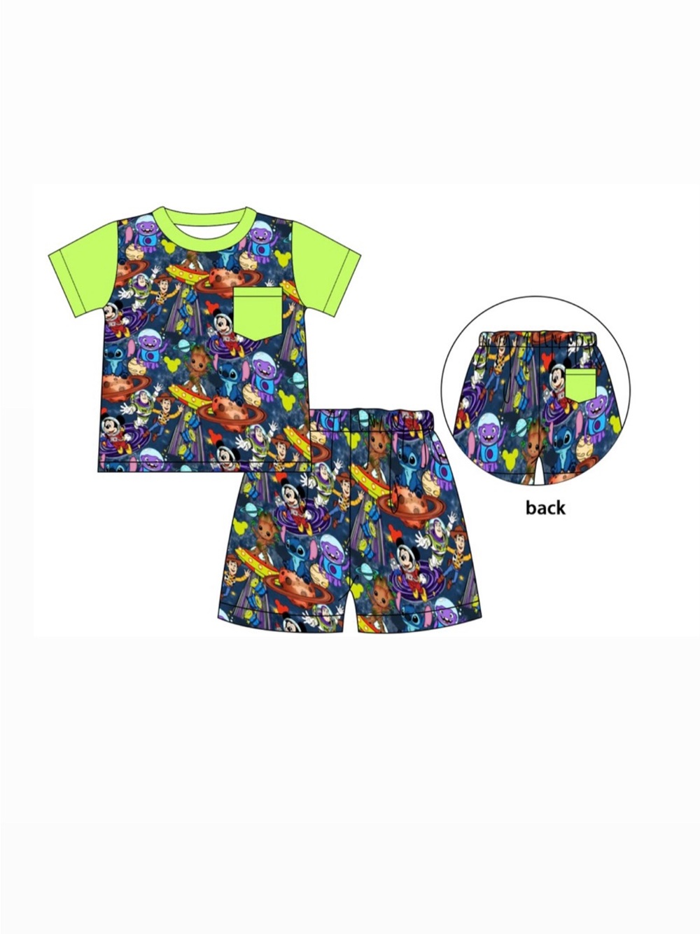 BAMBOO Neon Green & Navy Space-Print Kids short Set